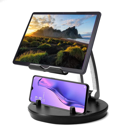 Desktop Tablet Stand with Mobile Phone Holder & Cable Organizer Clips Heavy Base Aluminum Holder