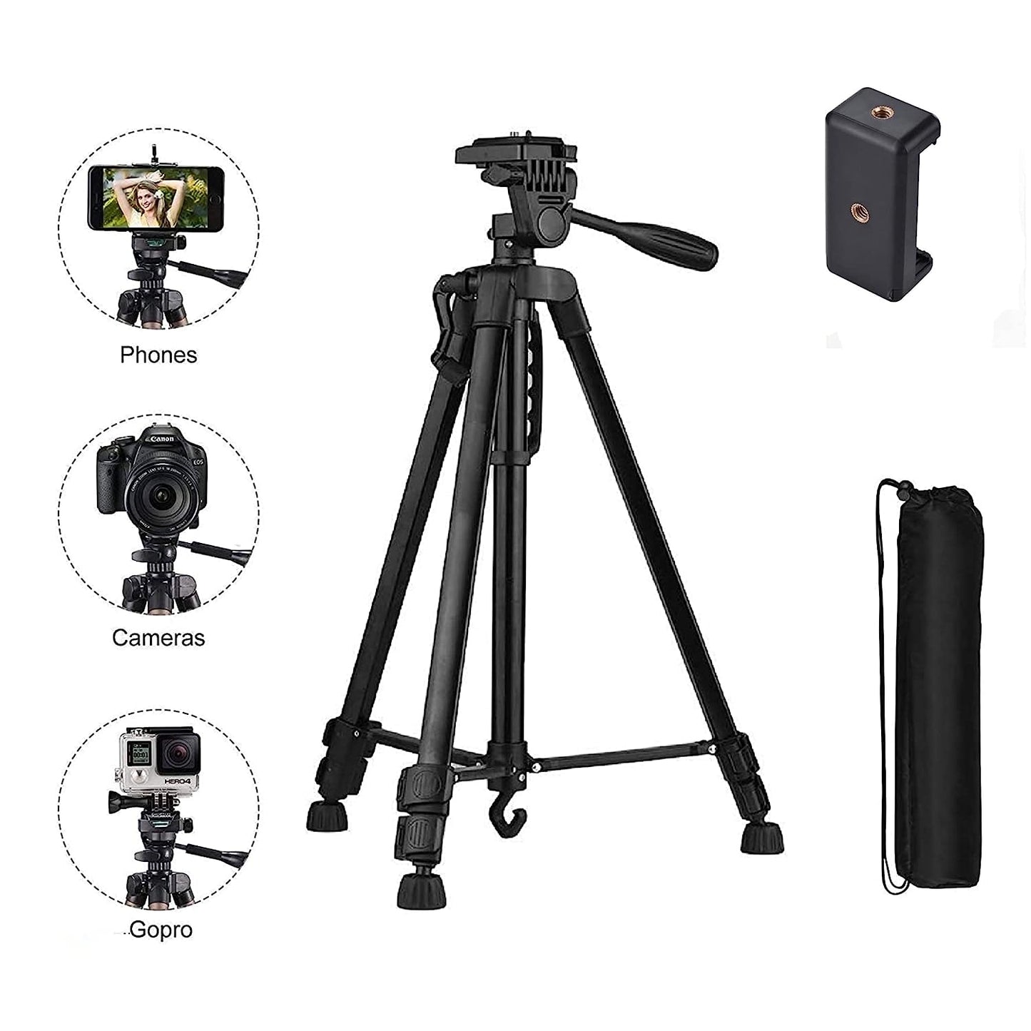 EYUVAA 55 Inch Aluminum Camera Tripod for All DSLR Cameras & Mobile Phones with Phone Holder for Videos & Photos (Multicolor)