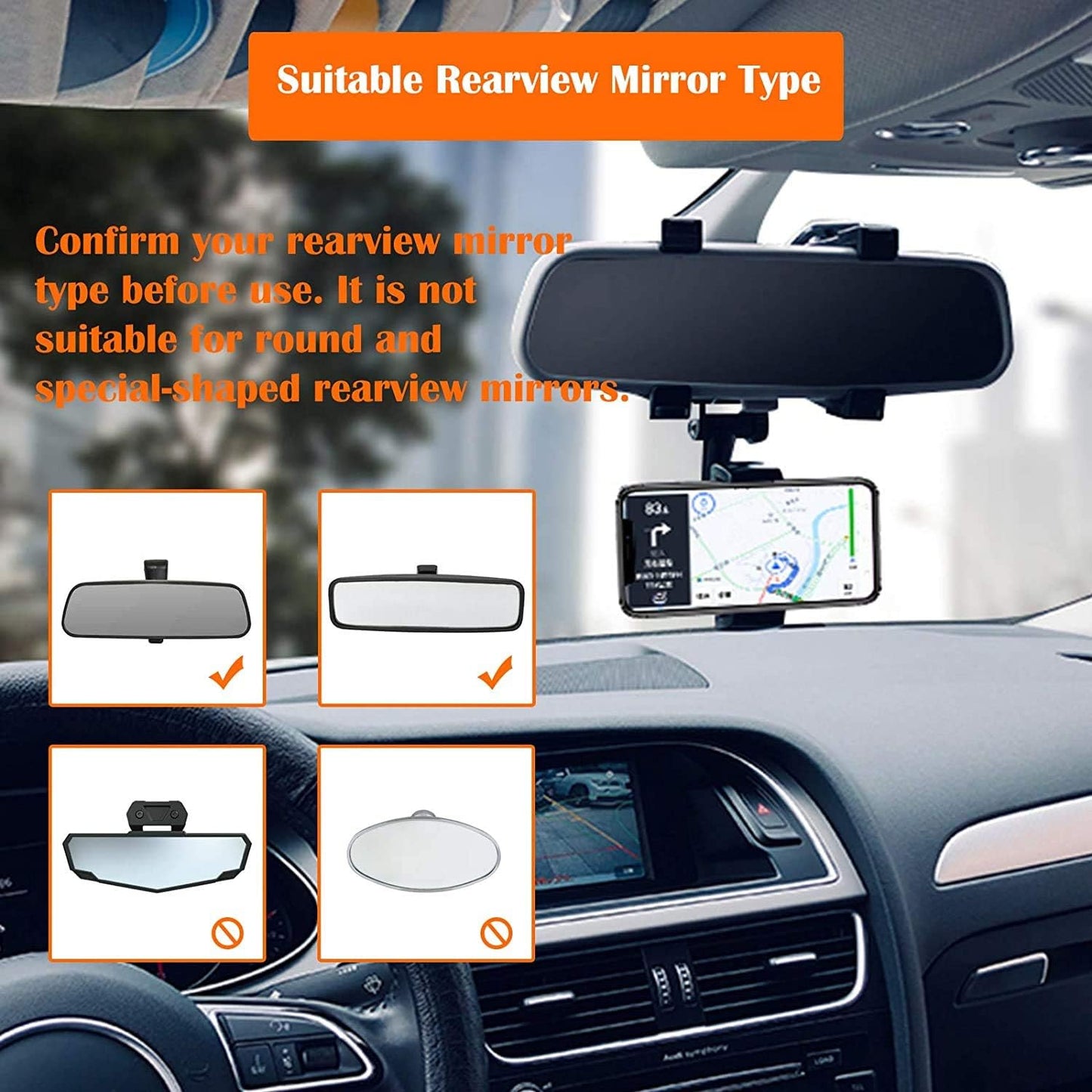 360° Rotatable Adjustable Car Rear View Mirror Mobile Holder Phone Mount (Black)