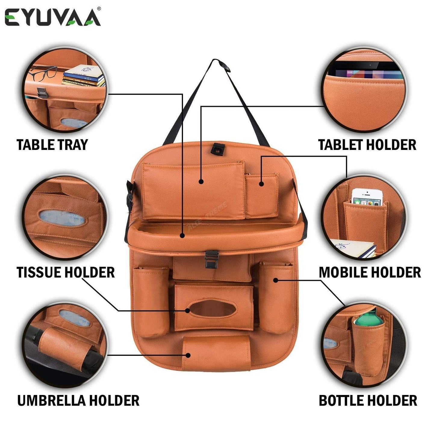 Car Back seat Organizer with Foldable Dining Table Tray & Waterproof Storage Pockets (Tan)