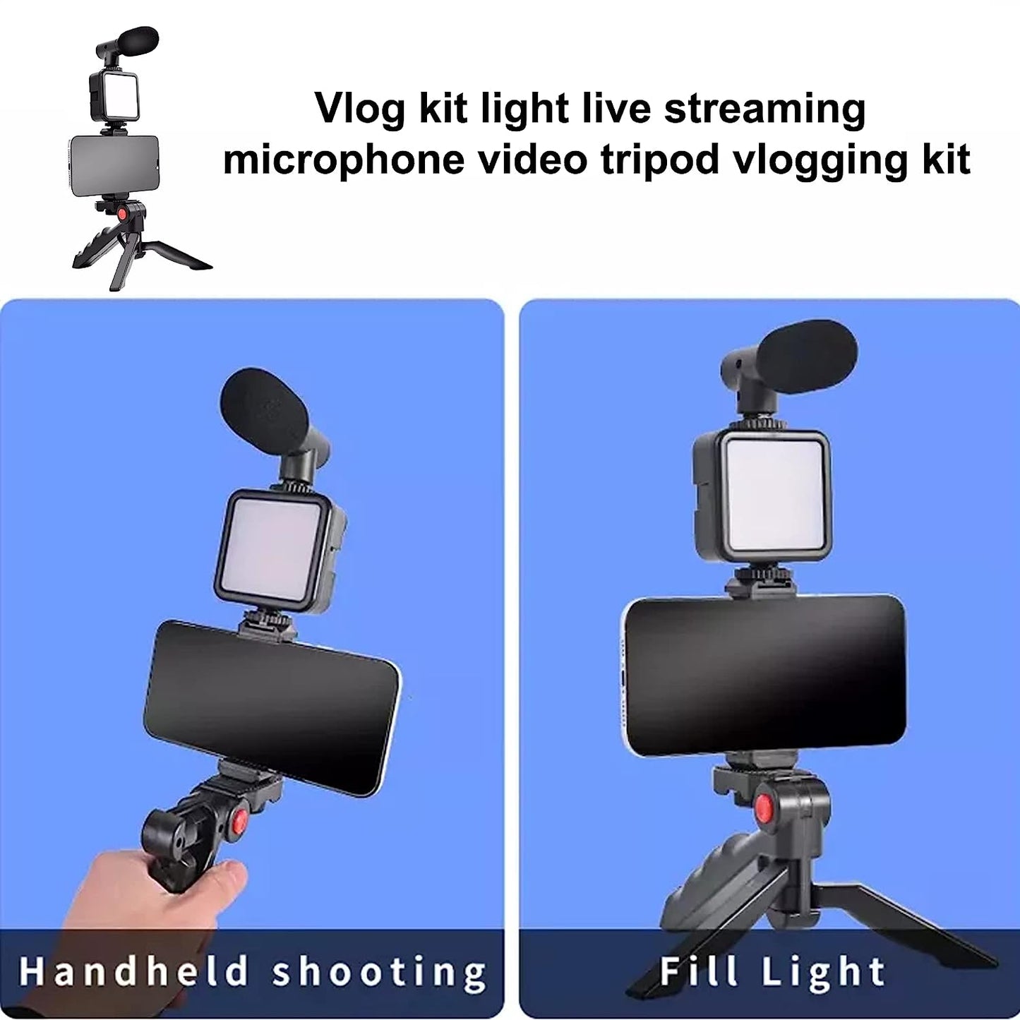 Video Making Vlogging Kit Mini Tripod Stand with LED Light, Microphone, Phone Holder & Bluetooth Remote