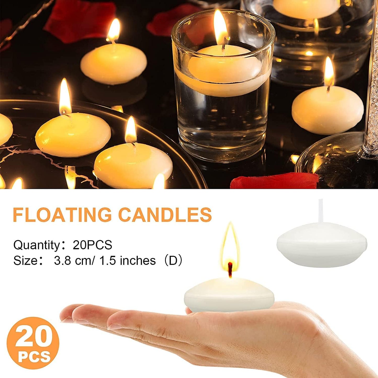 EYUVAA Wax 4 Hrs Burning Floating Candles for Decoration, Unscented Smokeless Dripless Candles for Diwali, Cylinder Vases, Wedding, Party, Pool, Festival (White, Set of 20)