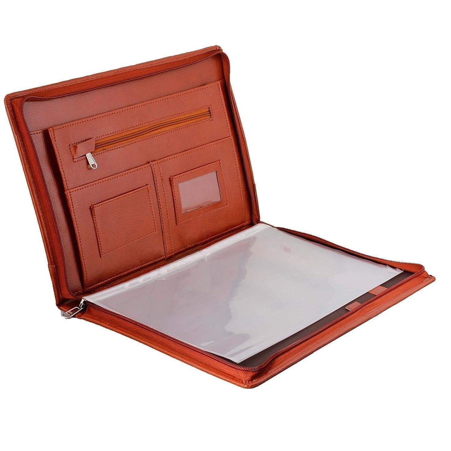 EYUVAA PU Leather B4 File Folder Zip Closer with 20 Sleeve,File for Certificates 4 Pockets & 2 Card Holder Portfolio File (Tan)