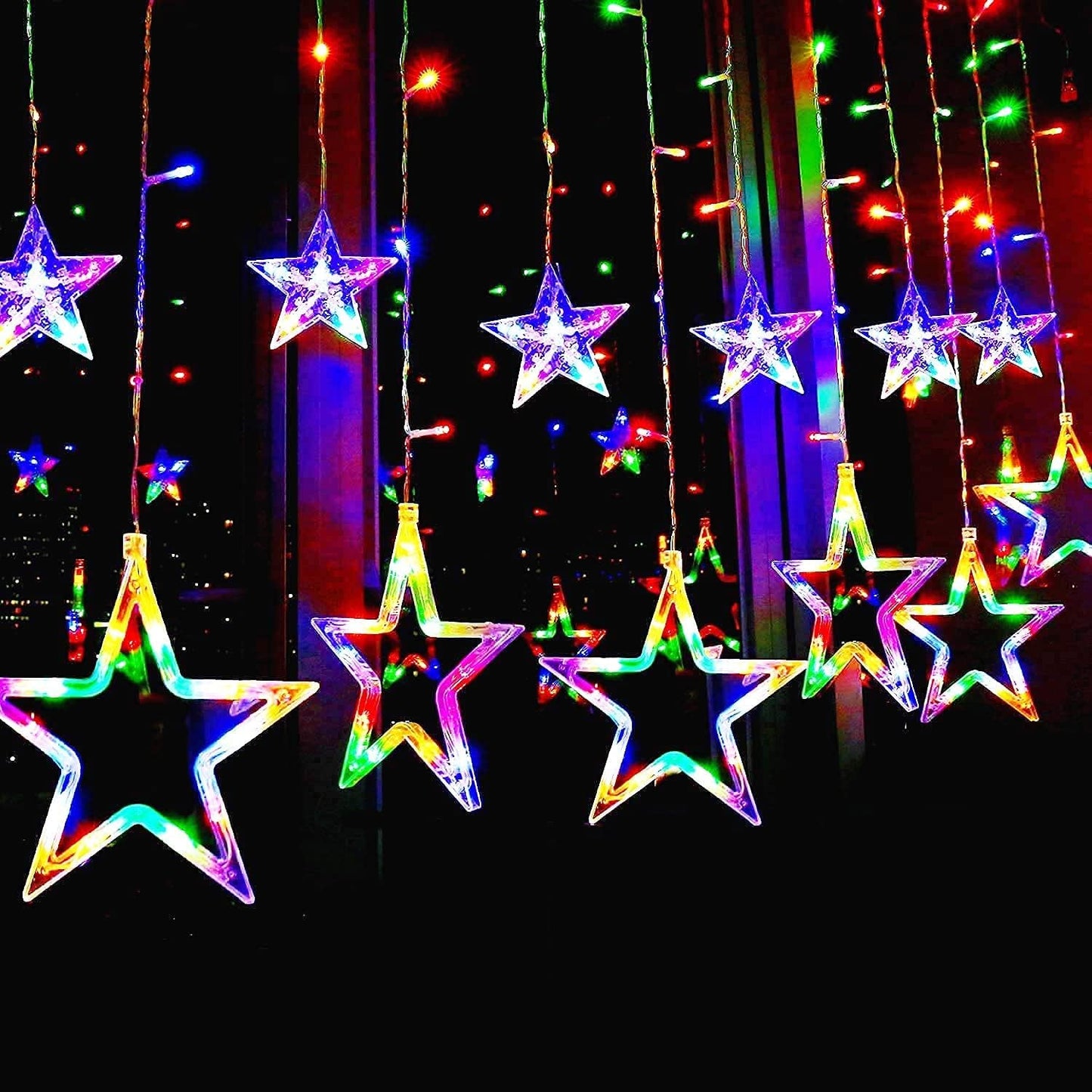 EYUVAA 12 Stars LED Curtain String Light, RGB Window Curtain Light with 8 Flashing Modes for Diwali Decoration, Living Room, Patio, Festivals (6x6 Feet, Multicolor)