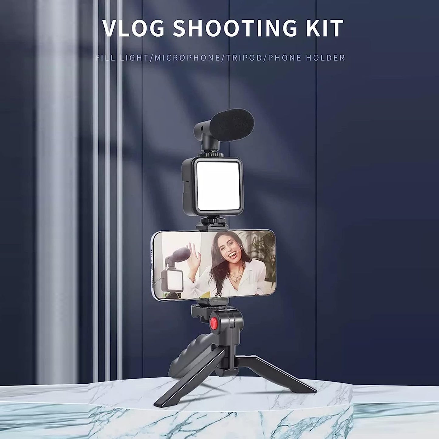 Video Making Vlogging Kit Mini Tripod Stand with LED Light, Microphone, Phone Holder & Bluetooth Remote