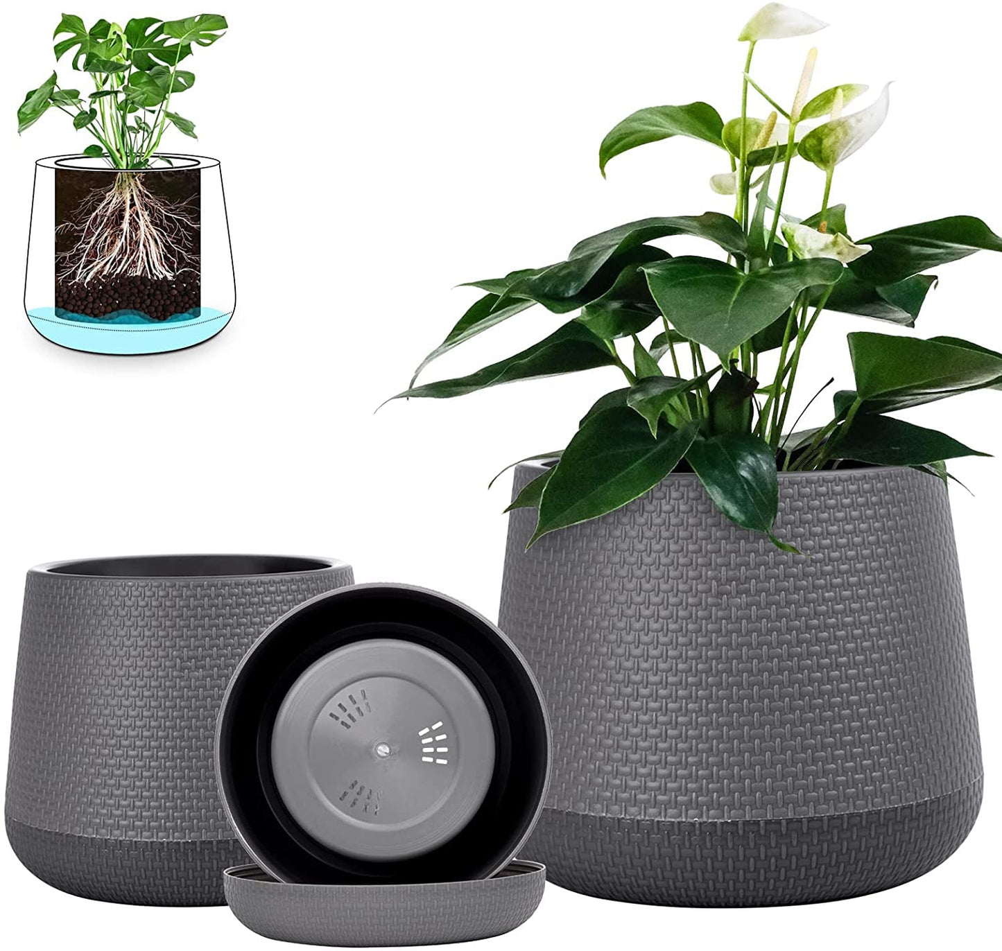 Plastic Planter with Bottom Tray Round Flower Pot for Indoor Plants Water Drainage Holes and Removable Base Plant Container with Matte Finish for Home & Office Decoration