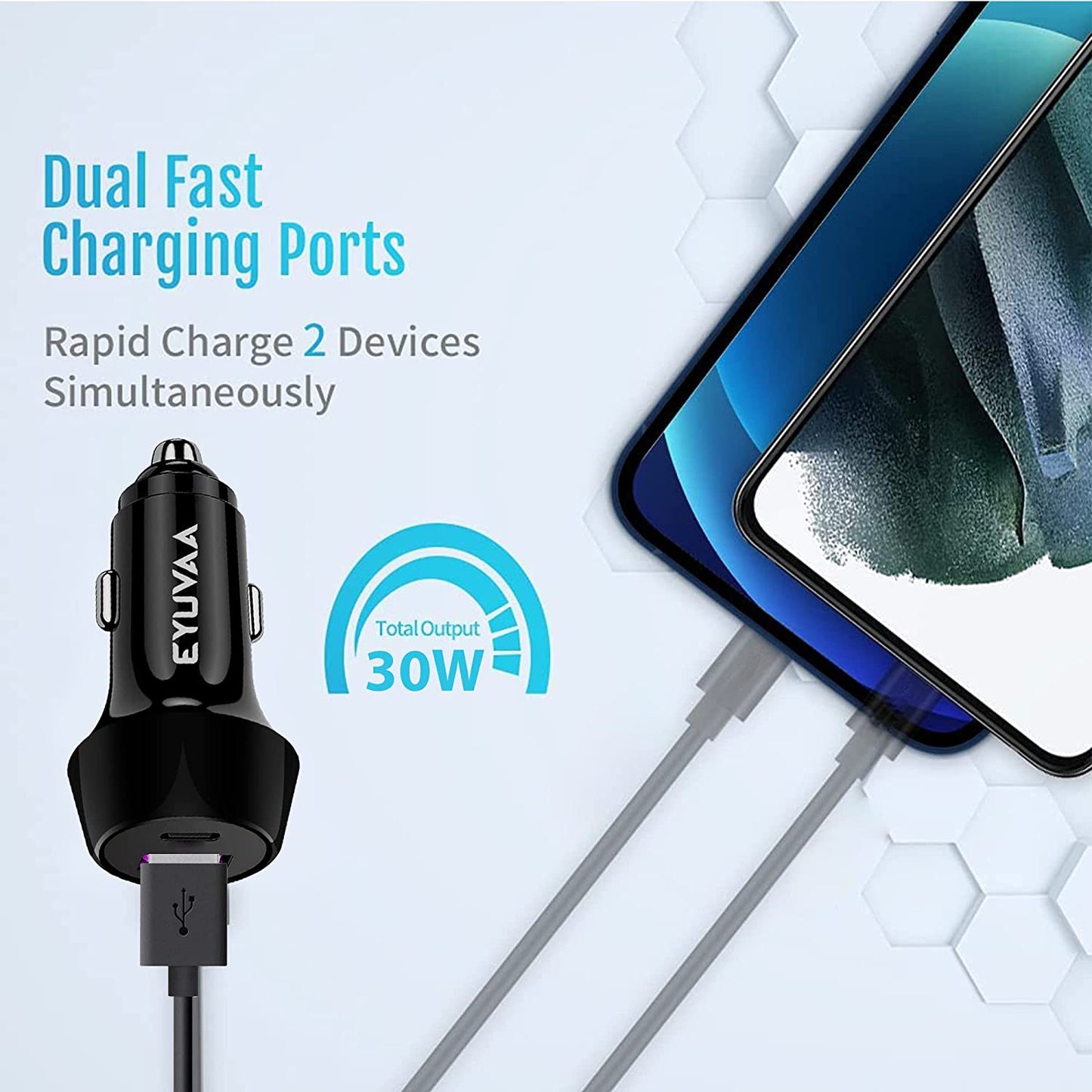 EYUVAA 30W Dual Port 30 Watt QC3.0 PD Car Charger with Type C Port & USB A Port for Fast Rapid Charging in Car for All Smartphones (Black)