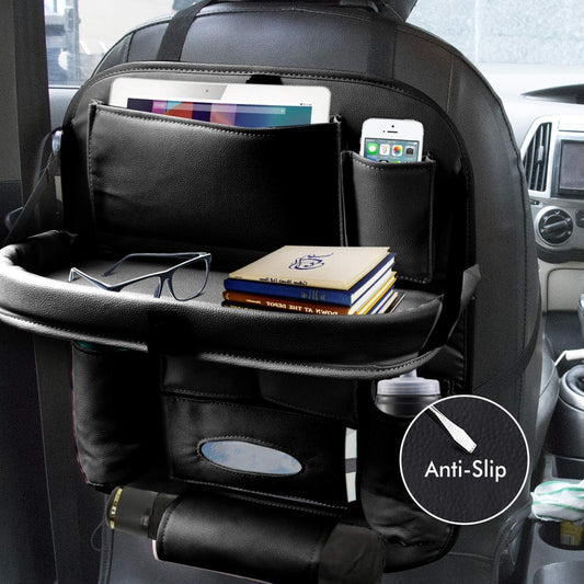 Car Back seat Organizer with Foldable Dining Table Tray & Waterproof Storage Pockets (Black)