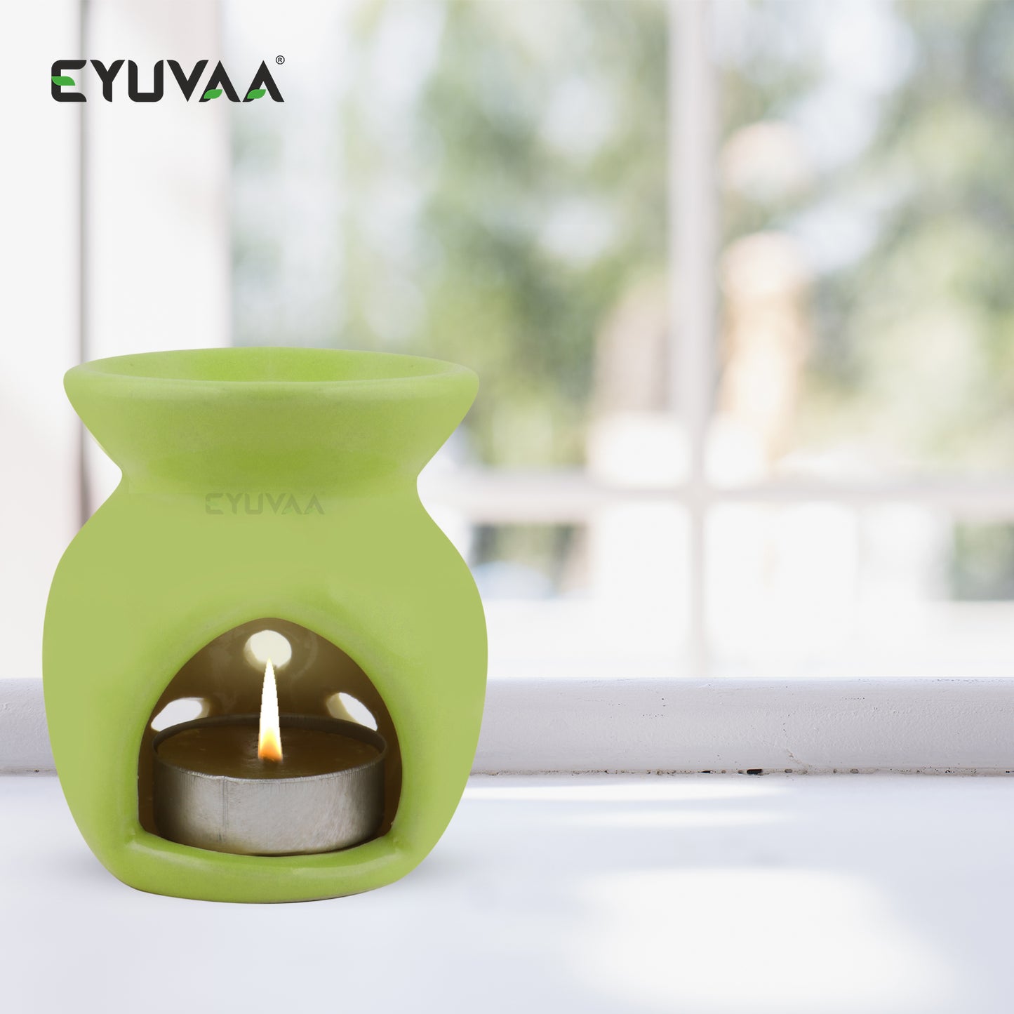 Combo Pack of Colored Ceramic Diffuser with Tea Light Candle & Aroma Oil (Green)