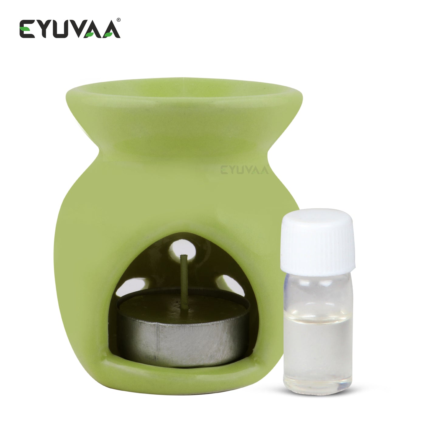 Combo Pack of Colored Ceramic Diffuser with Tea Light Candle & Aroma Oil (Green)