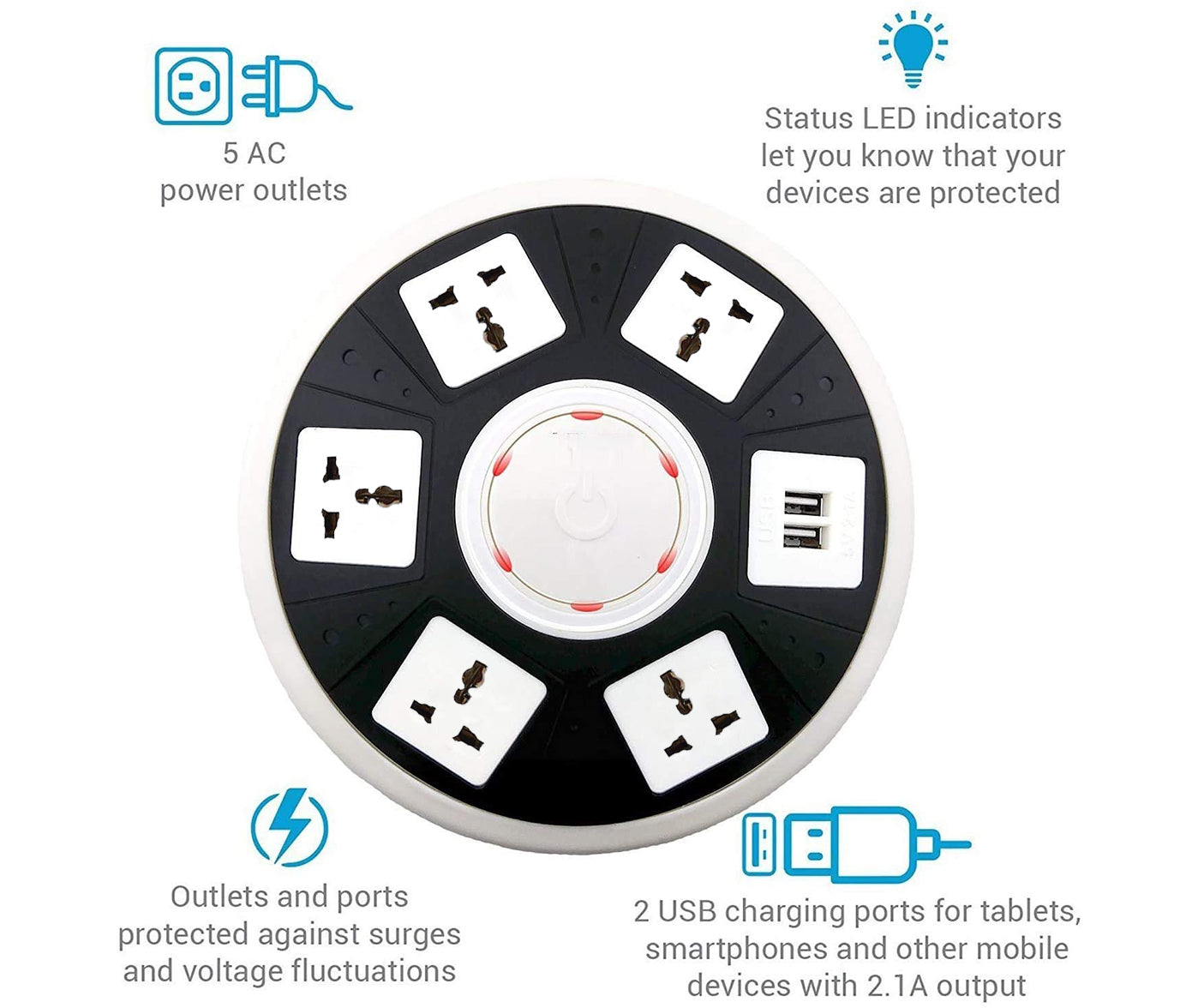 EYUVAA UFO Shape Residential USB Extension Socket 5 AC US Outlets 2 USB Outputs 110V 10A Power Strip with Overload Protector